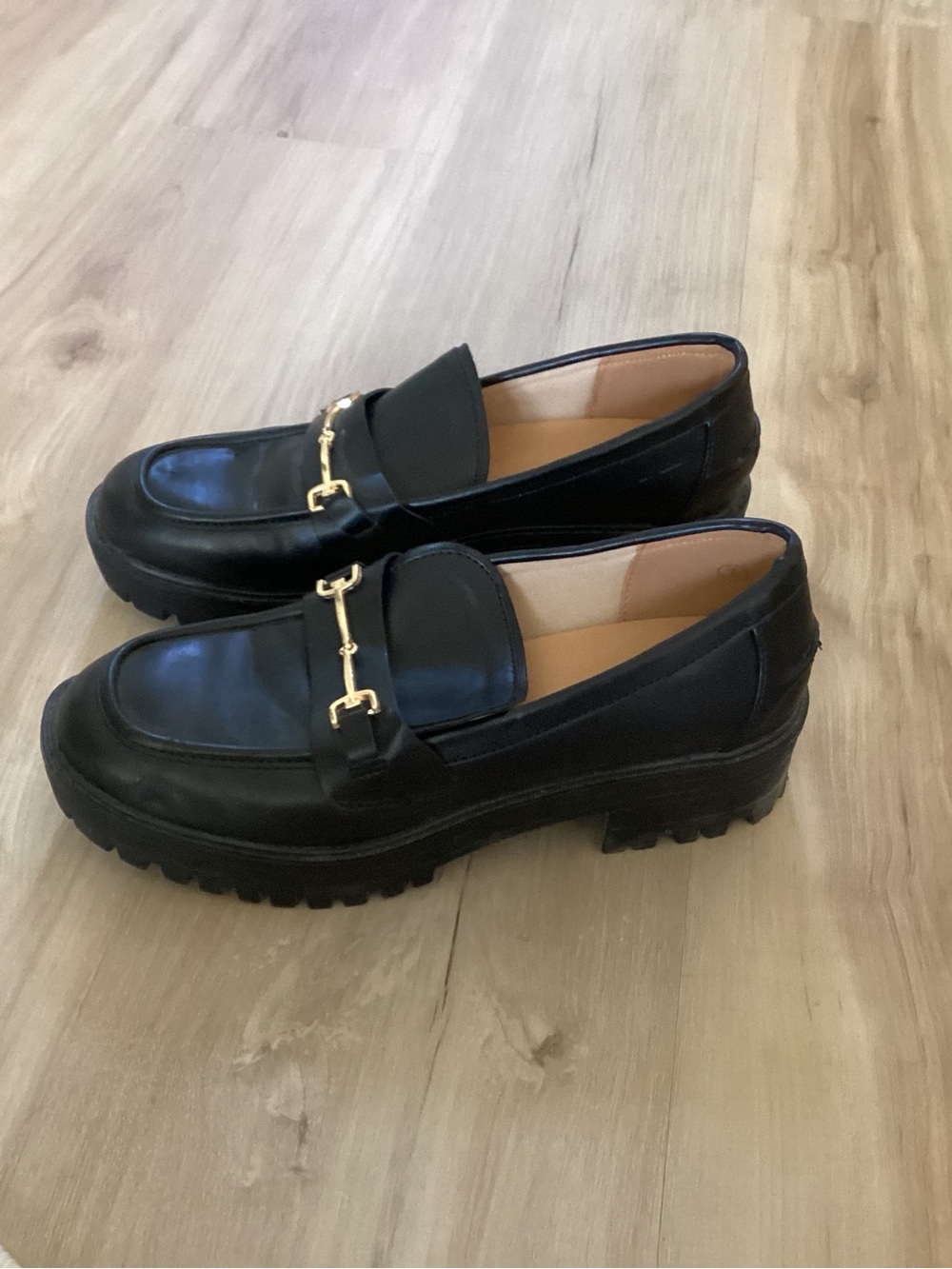Black Leather Platform Loafers with Gold Bit Hardware